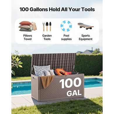 100 Gallon Outdoor Storage Box with Flat Lid for Patio Cushions, Tools, and Pool Accessories Grey