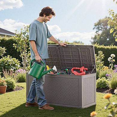 100 Gallon Outdoor Storage Box with Flat Lid for Patio Cushions, Tools, and Pool Accessories Grey