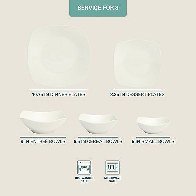 Gibson Home 40-Piece Square White Porcelain Plates and Bowls, Service for 8 Everyday Dinnerware Set