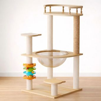 Heybly 32.2 in Wooden Cat Tree Tower with Sisal Scratching Posts, Top Perch, Acrylic Hammock Hanging