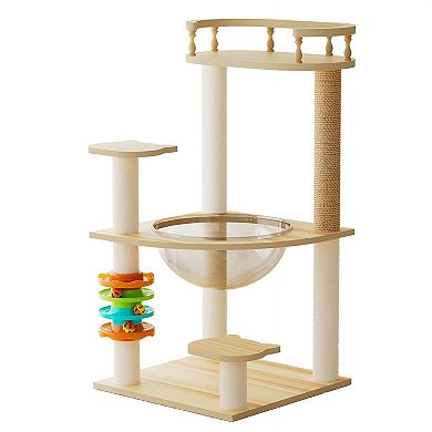 Heybly 32.2 In Wooden Cat Tree Tower with Sisal Scratching Posts, Top Perch, Acrylic Hammock Hanging