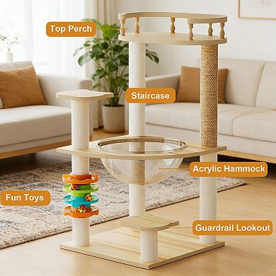 Heybly 32.2 In Wooden Cat Tree Tower with Sisal Scratching Posts, Top Perch, Acrylic Hammock Hanging
