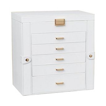 Double Door 6 Drawer Jewelry Storage Box with Mirror PU Leather Flannel 1 pc White Gold