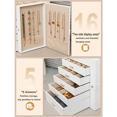 Double Door 6 Drawer Jewelry Storage Box with Mirror PU Leather Flannel 1 Piece White Gold