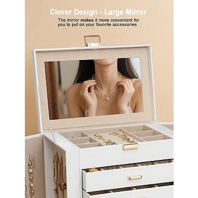 Double Door 6 Drawer Jewelry Storage Box with Mirror PU Leather Flannel 1 Piece White Gold