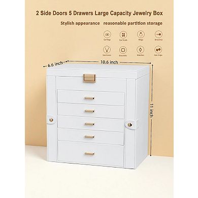 Double Door 6 Drawer Jewelry Storage Box with Mirror PU Leather Flannel 1 Piece White Gold