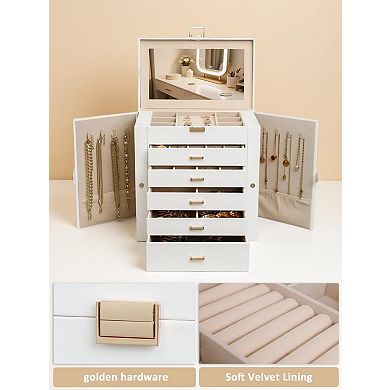 Double Door 6 Drawer Jewelry Storage Box with Mirror PU Leather Flannel 1 Piece White Gold