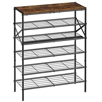 6 tier Metal Shoe Rack Organizer Holds 18 to 24 Pairs with Wooden Top Shelf 27.8 x 11.2 x 38.6 Inch