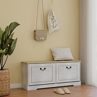 Shoe Bench with 2 Flip Drawers & Adjustable Shelves, Entryway Storage Bench for Hallway Bedroom
