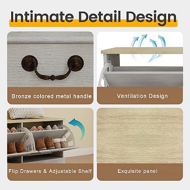 Shoe Bench with 2 Flip Drawers & Adjustable Shelves, Entryway Storage Bench for Hallway Bedroom