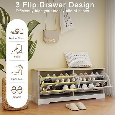 Shoe Bench with 2 Flip Drawers & Adjustable Shelves, Entryway Storage Bench for Hallway Bedroom