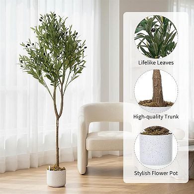 4.3ft Faux Olive Tree with White Planter, Realistic Leaves & Fruits