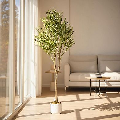 4.3ft Faux Olive Tree with White Planter, Realistic Leaves & Fruits