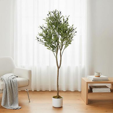 4.3ft Faux Olive Tree with White Planter, Realistic Leaves & Fruits