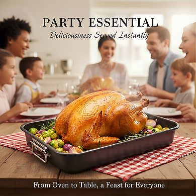 11x15 Nonstick Steel Roaster with Flat Rack, Gray Oven Safe Baking Pan