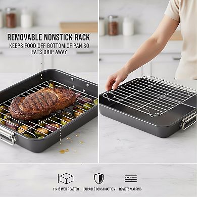 11x15 Nonstick Steel Roaster with Flat Rack, Gray Oven Safe Baking Pan