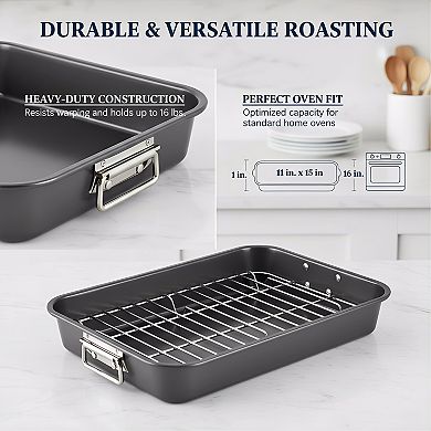 11x15 Nonstick Steel Roaster with Flat Rack, Gray Oven Safe Baking Pan