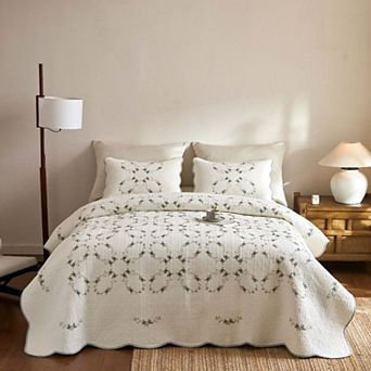 Marcielo 3 pc Soft Cream Cotton Quilt Bedspread Set European Cottage Style