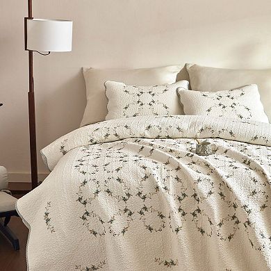 Marcielo 3Pcs Soft Cream Cotton Quilt Bedspread Set European Cottage Style