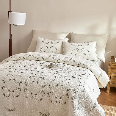 Marcielo 3Pcs Soft Cream Cotton Quilt Bedspread Set European Cottage Style