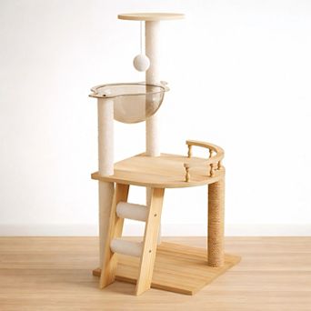 Heybly 41.3 in Wooden Cat Tree Tower with Sisal Scratching Posts, Top Perch and Acrylic Hammock Cat