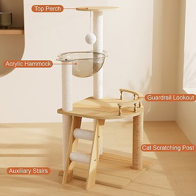 Heybly 41.3 In Wooden Cat Tree Tower with Sisal Scratching Posts, Top Perch and Acrylic Hammock Cat
