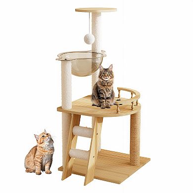 Heybly 41.3 In Wooden Cat Tree Tower with Sisal Scratching Posts, Top Perch and Acrylic Hammock Cat