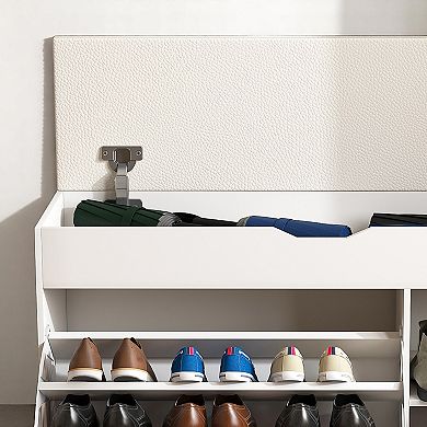 Lufeiya Entryway Bench with Shoe Storage and Adjustable 3-Tier Flip-Up Drawers, Upholstered Seat