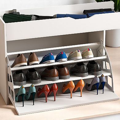 Lufeiya Entryway Bench with Shoe Storage and Adjustable 3-Tier Flip-Up Drawers, Upholstered Seat