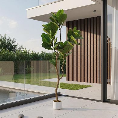 5ft Faux Fiddle Leaf Fig Tree with White Planter, Indoor/Outdoor