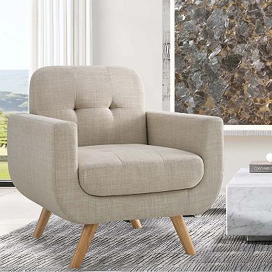 Linen Button Accent Chair with Solid Wood Legs