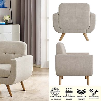Linen Button Accent Chair with Solid Wood Legs