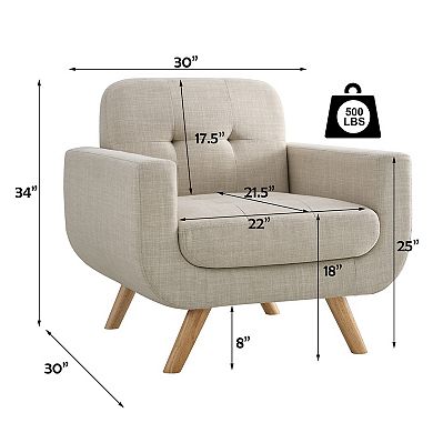Linen Button Accent Chair with Solid Wood Legs
