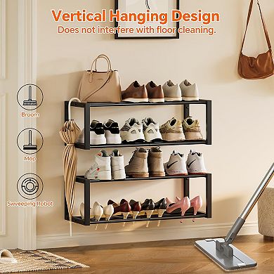 2 Pack Wall Mounted Hanging Shoe Rack Organizer Metal Holds 12 Pairs Space Saving Black