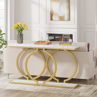 Modern Glam Console Table, Faux Marble Top with O-Shaped Base Entryway Table