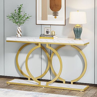 Modern Glam Console Table, Faux Marble Top with O-Shaped Base Entryway Table