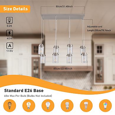Modern Farmhouse 8-Light Linear Kitchen Island Pendant Chandelier with Glass Shades