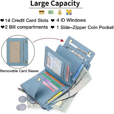 Small Women's Wallet Ladies Credit Card Holder with 4 ID Windows & Zip Coin Pocket RFID Blocking