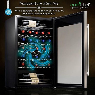 NutriChef 34-Bottle Wine Fridge, Single Zone, Adjustable Temp, Ultra Quiet, Stainless Steel