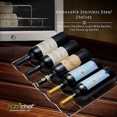 NutriChef 34-Bottle Wine Fridge, Single Zone, Adjustable Temp, Ultra Quiet, Stainless Steel