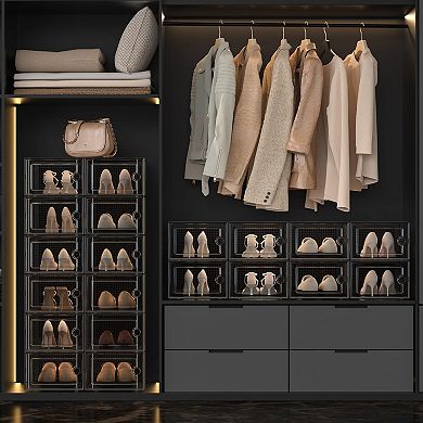 X Large Clear Stackable Shoe Storage Boxes 12 Pack Fits Mens Size 11 Womens Size 12 Entryway Closet
