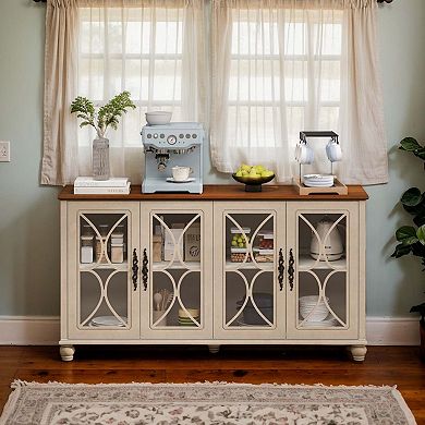 Glass Door Accent Cabinet 59 Inch Storage Cabinet Display Sideboard with Adjustable Shelves