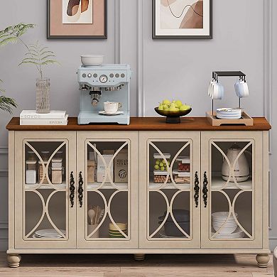 Glass Door Accent Cabinet 59 Inch Storage Cabinet Display Sideboard with Adjustable Shelves