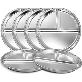 Zoulao 6-Pack Stainless Steel Divided Plates, 9" Portion Control, Unbreakable, Dishwasher Safe.