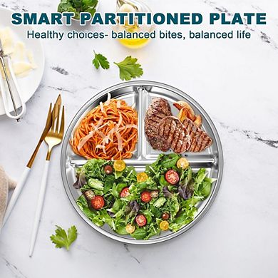 Zoulao 6-Pack Stainless Steel Divided Plates, 9" Portion Control, Unbreakable, Dishwasher Safe.