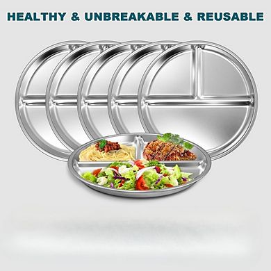 Zoulao 6-Pack Stainless Steel Divided Plates, 9" Portion Control, Unbreakable, Dishwasher Safe.