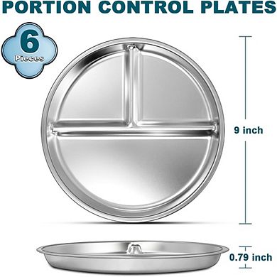 Zoulao 6-Pack Stainless Steel Divided Plates, 9" Portion Control, Unbreakable, Dishwasher Safe.