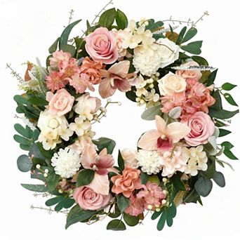 24 Inch Spring Pink Flower Wreath Soft Touch Roses Peony Indoor Outdoor Valentine Wedding Home Decor