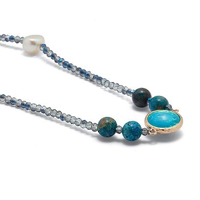 Simulated Blue Opal and Genuine Jasper Goldtone Beaded Necklace 38-inch