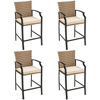 Set of 4 Rattan Bar Stools with Cushions and Footrest